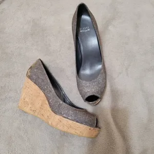 Stuart Weitzman Anna open toe cork wedges Pryrite Nocturn size 9