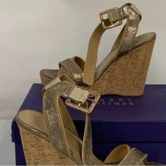 Stuart Weitzman Annex Crackle Metallic Wedge Sandals