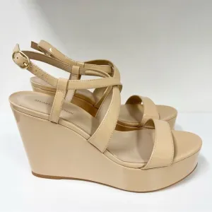 Stuart Weitzman Ave 75 Platform Wedge Strappy Nude Patent Leather Heels 10