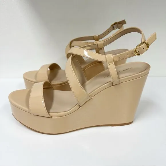 Stuart Weitzman Ave 75 Platform Wedge Strappy Nude Patent Leather Heels 10