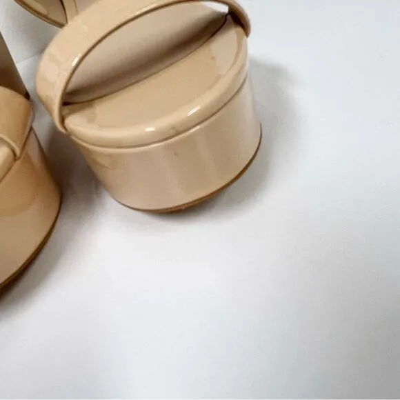 Stuart Weitzman Ave 75 Platform Wedge Strappy Nude Patent Leather Heels 10