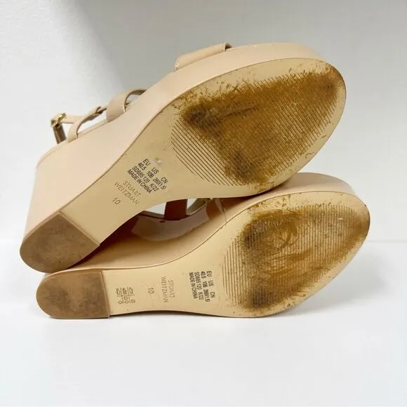 Stuart Weitzman Ave 75 Platform Wedge Strappy Nude Patent Leather Heels 10