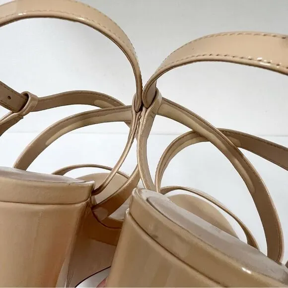 Stuart Weitzman Ave 75 Platform Wedge Strappy Nude Patent Leather Heels 10