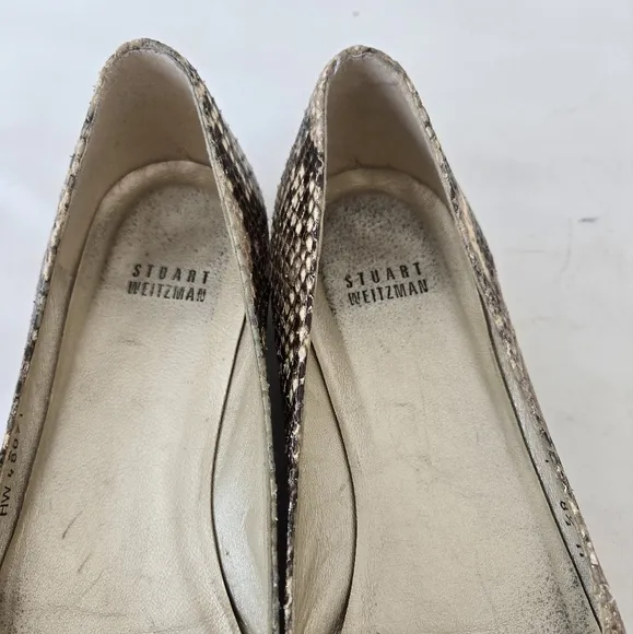 Stuart Weitzman Biege Brown Snakeskin Leather Flats Point Toe Shoes Size 8.5