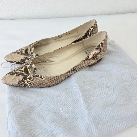 Stuart Weitzman Biege Brown Snakeskin Leather Flats Point Toe Shoes Size 8.5