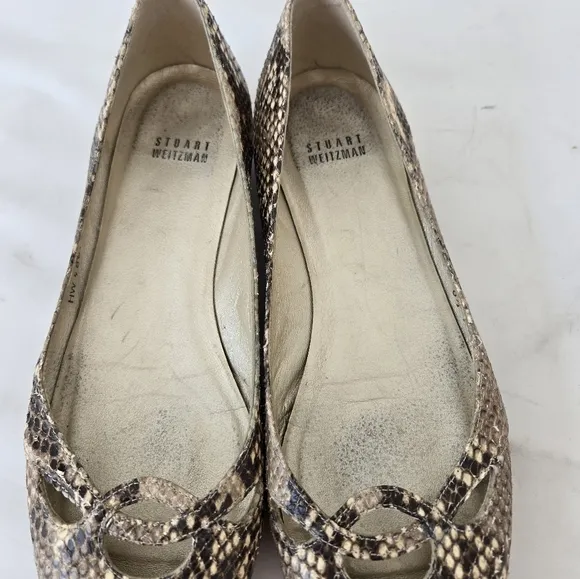 Stuart Weitzman Biege Brown Snakeskin Leather Flats Point Toe Shoes Size 8.5