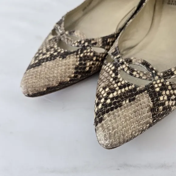 Stuart Weitzman Biege Brown Snakeskin Leather Flats Point Toe Shoes Size 8.5