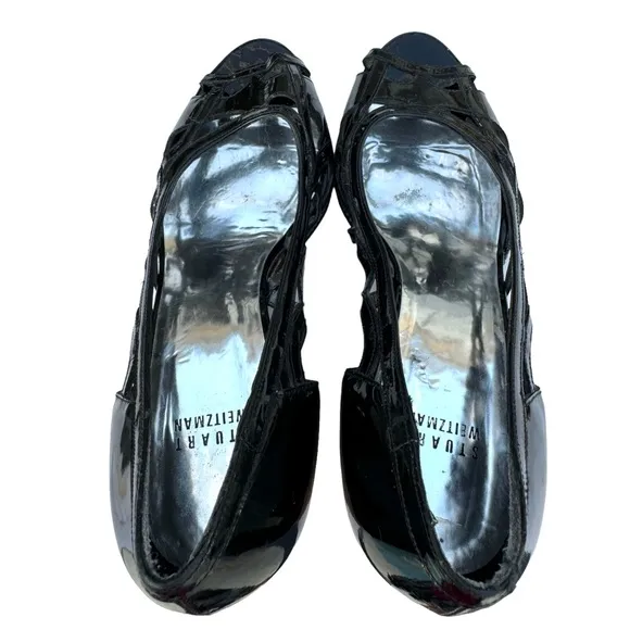 Stuart Weitzman Black Patent Sandals Leather Cut Out Cork Wedges Women’s