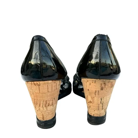 Stuart Weitzman Black Patent Sandals Leather Cut Out Cork Wedges Women’s