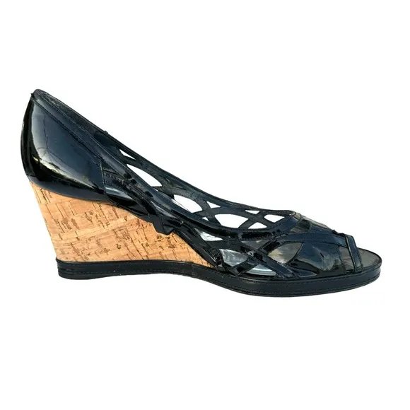 Stuart Weitzman Black Patent Sandals Leather Cut Out Cork Wedges Women’s