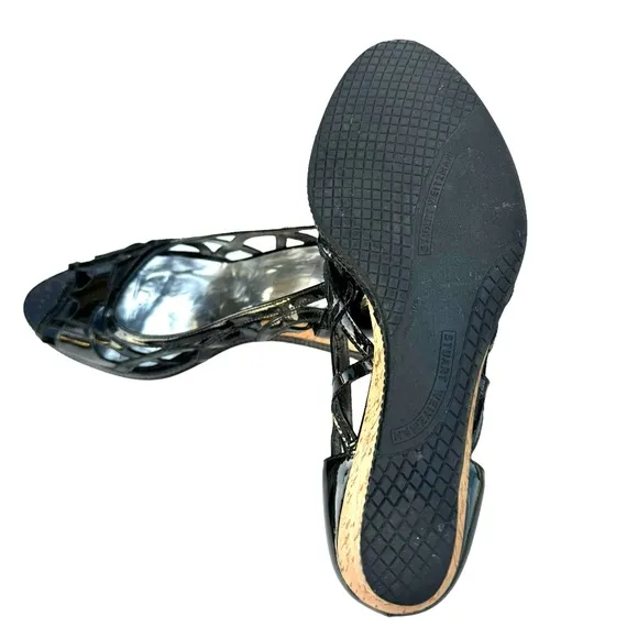 Stuart Weitzman Black Patent Sandals Leather Cut Out Cork Wedges Women’s