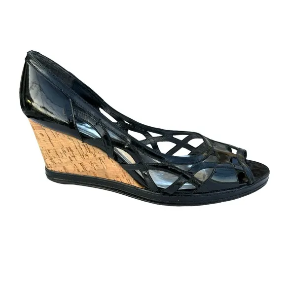 Stuart Weitzman Black Patent Sandals Leather Cut Out Cork Wedges Women’s