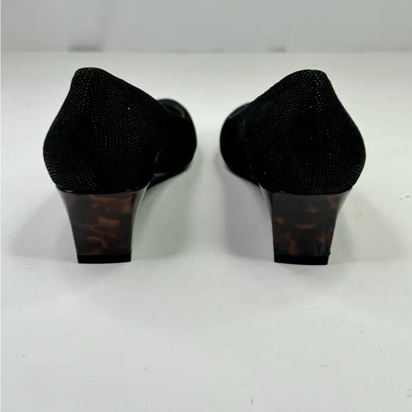 Stuart Weitzman black textured pointed toe wedges tortoise shell heel 8.5