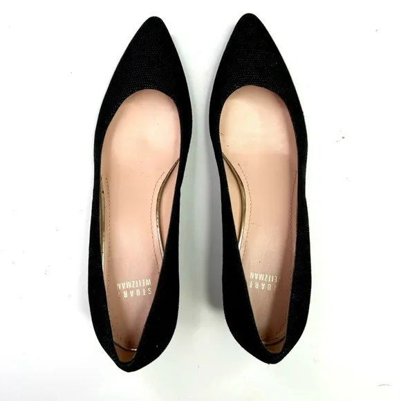 Stuart Weitzman black textured pointed toe wedges tortoise shell heel 8.5