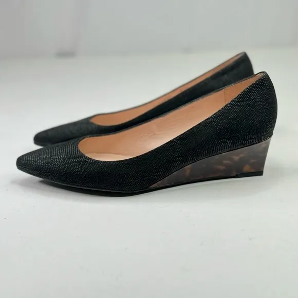 Stuart Weitzman black textured pointed toe wedges tortoise shell heel 8.5