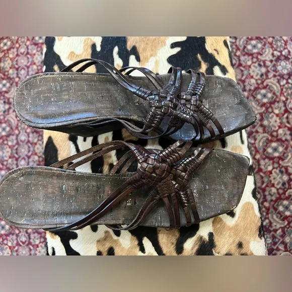 Stuart Weitzman ~ Dark Brown Cork and Leather Wedges