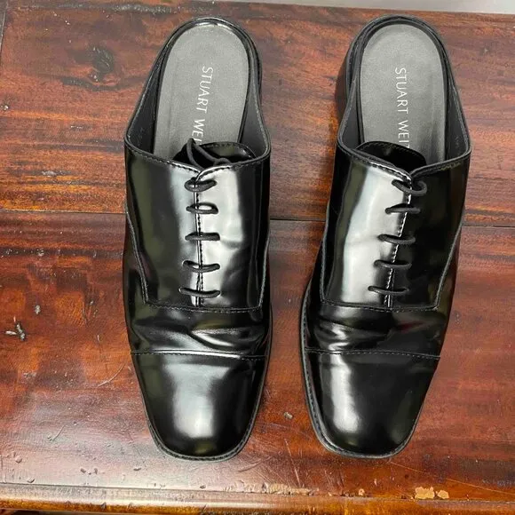 STUART WEITZMAN Designer Black Leather Womens Lace Up Oxford Mules Size 8 1/2