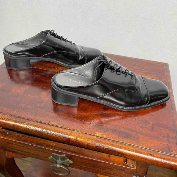 STUART WEITZMAN Designer Black Leather Womens Lace Up Oxford Mules Size 8 1/2