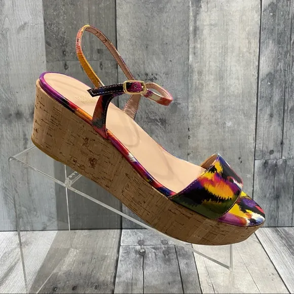 STUART WEITZMAN Diverge Patent Watercolor Platform Wedges Size 7.5