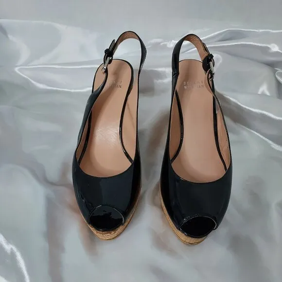 Stuart Weitzman Jean Black Patent Leather Peep Toe Sling Back Wedges Size 8