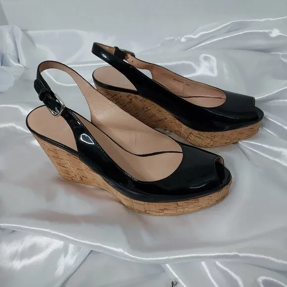 Stuart Weitzman Jean Black Patent Leather Peep Toe Sling Back Wedges Size 8