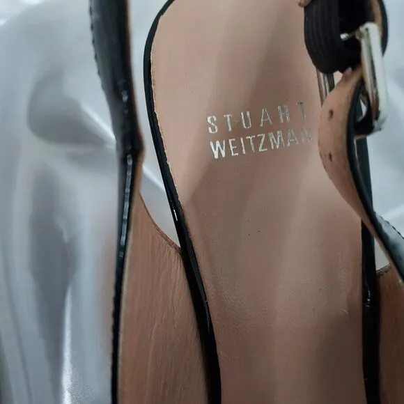 Stuart Weitzman Jean Black Patent Leather Peep Toe Sling Back Wedges Size 8