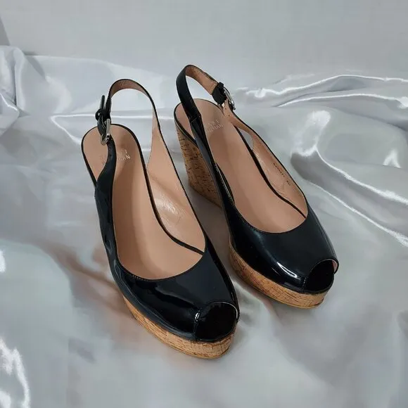 Stuart Weitzman Jean Black Patent Leather Peep Toe Sling Back Wedges Size 8