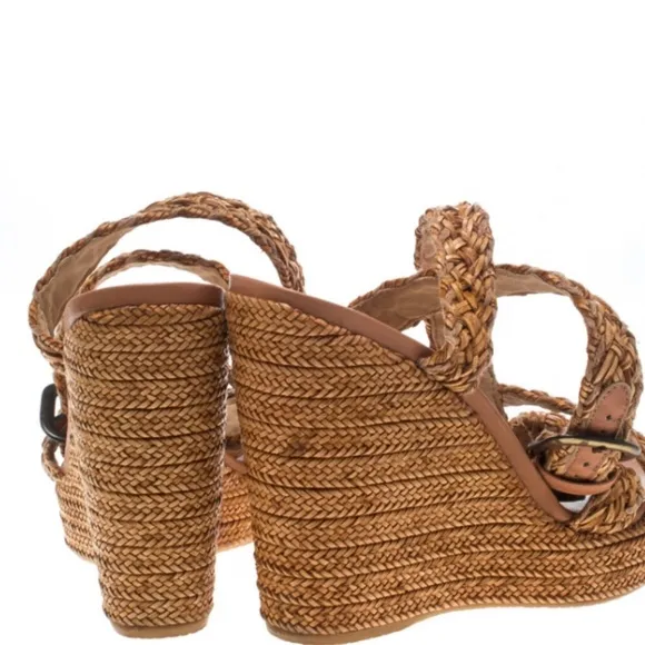 Stuart Weitzman Leather &amp; Raffia Braided Wedge Platform Ankle Wrap Sandals