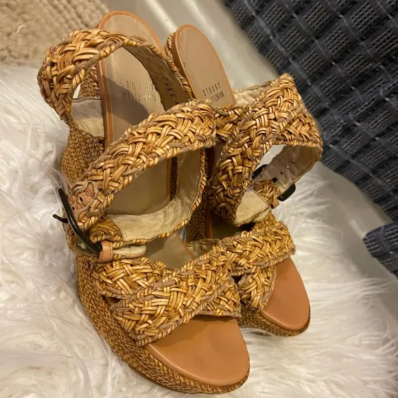 Stuart Weitzman Leather &amp; Raffia Braided Wedge Platform Ankle Wrap Sandals