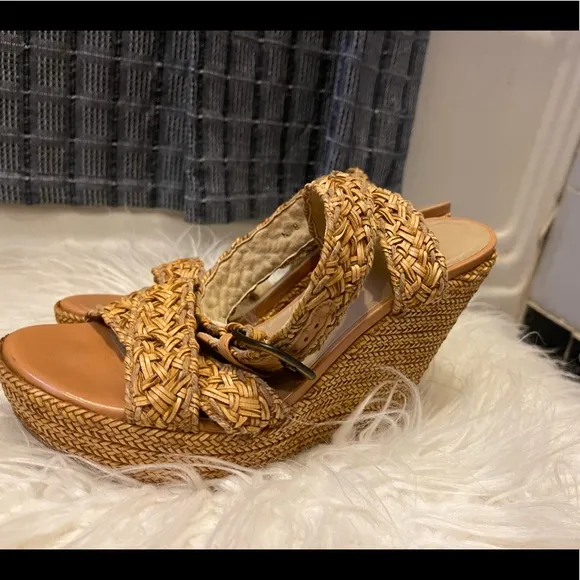 Stuart Weitzman Leather &amp; Raffia Braided Wedge Platform Ankle Wrap Sandals