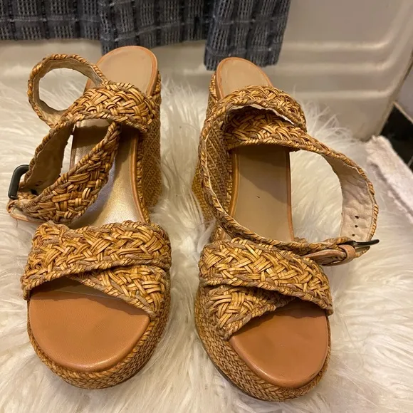 Stuart Weitzman Leather &amp; Raffia Braided Wedge Platform Ankle Wrap Sandals