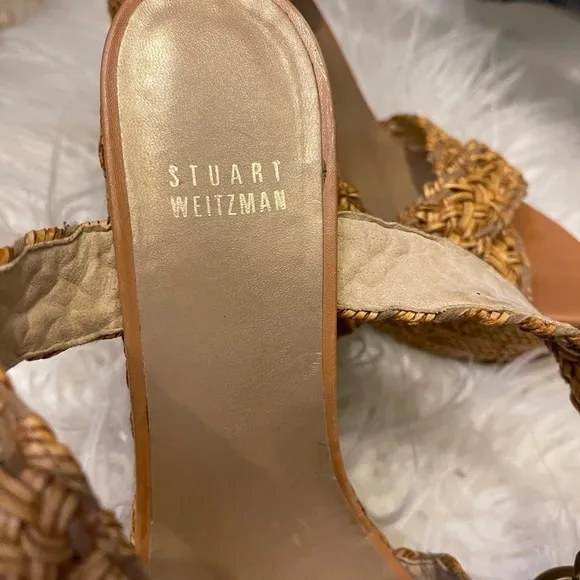Stuart Weitzman Leather &amp; Raffia Braided Wedge Platform Ankle Wrap Sandals