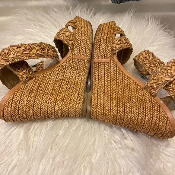Stuart Weitzman Leather &amp; Raffia Braided Wedge Platform Ankle Wrap Sandals