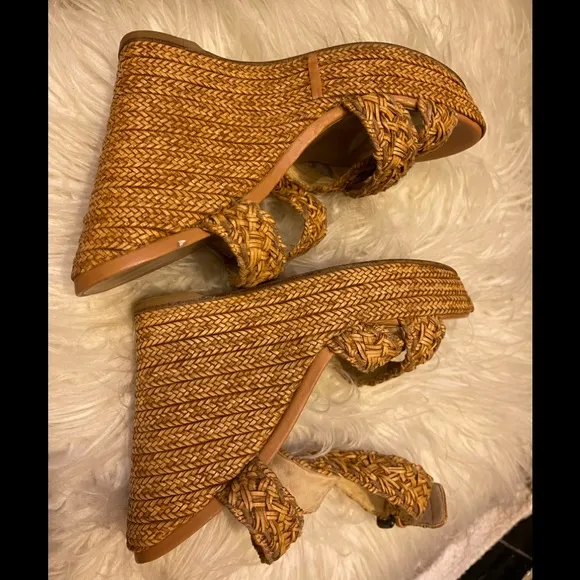 Stuart Weitzman Leather &amp; Raffia Braided Wedge Platform Ankle Wrap Sandals