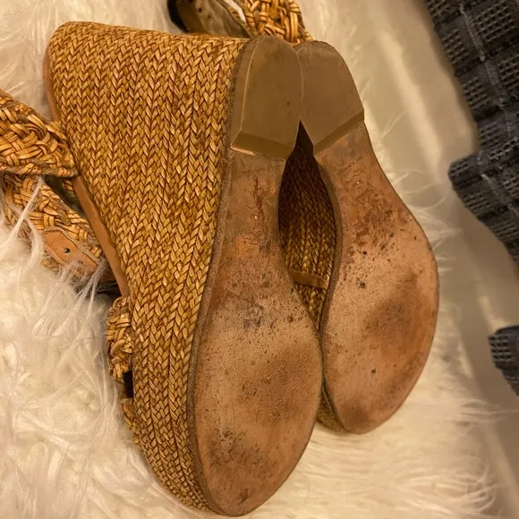 Stuart Weitzman Leather &amp; Raffia Braided Wedge Platform Ankle Wrap Sandals