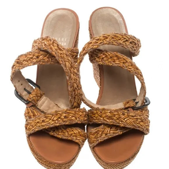 Stuart Weitzman Leather &amp; Raffia Braided Wedge Platform Ankle Wrap Sandals