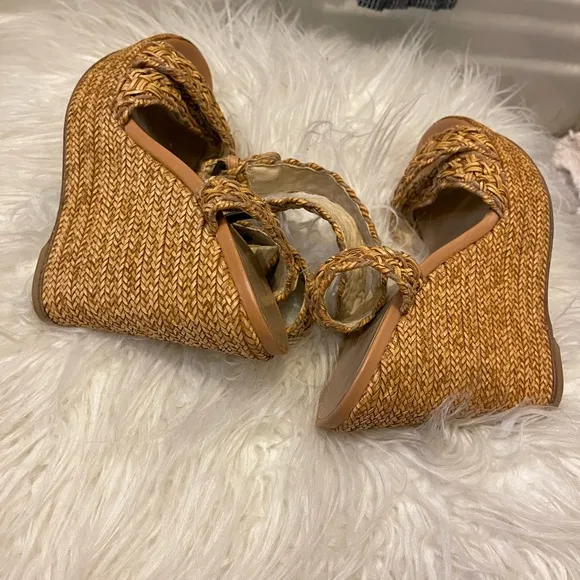 Stuart Weitzman Leather &amp; Raffia Braided Wedge Platform Ankle Wrap Sandals