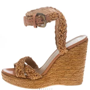Stuart Weitzman Leather &amp; Raffia Braided Wedge Platform Ankle Wrap Sandals