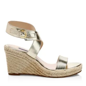 Stuart Weitzman Lexia Gold Metallic Leather Espadrille Buckle Wedges 10