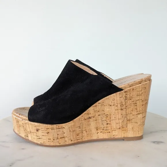 Stuart Weitzman Margarite Black Suede Cork Wedges