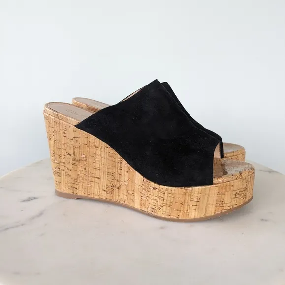 Stuart Weitzman Margarite Black Suede Cork Wedges