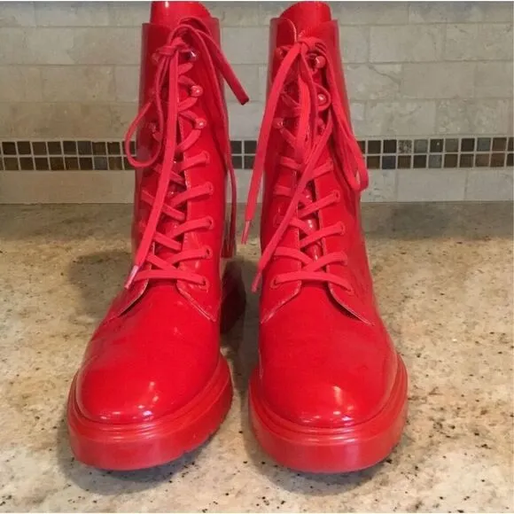 Stuart Weitzman McKenzee Red Patent Leather Lace Up Combat Boots Women’s size 7