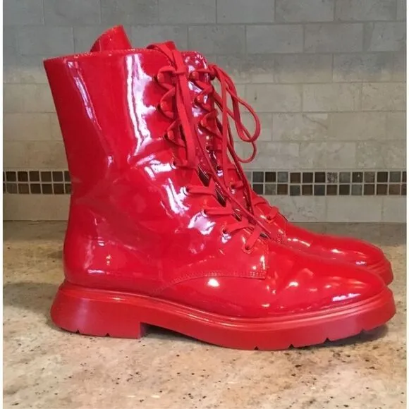 Stuart Weitzman McKenzee Red Patent Leather Lace Up Combat Boots Women’s size 7