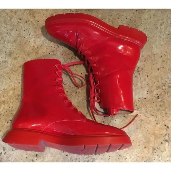 Stuart Weitzman McKenzee Red Patent Leather Lace Up Combat Boots Women’s size 7
