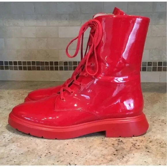 Stuart Weitzman McKenzee Red Patent Leather Lace Up Combat Boots Women’s size 7