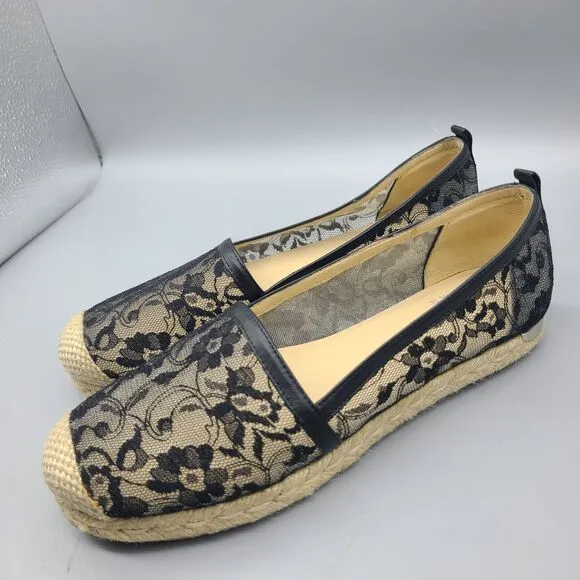 STUART WEITZMAN Meshuga Lace Mesh Espadrille Black Floral Flats Sz 8 Excellent
