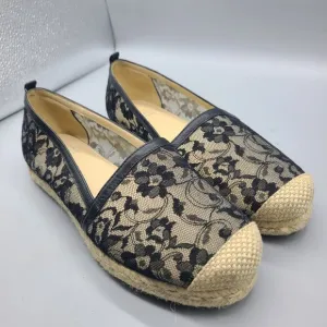 STUART WEITZMAN Meshuga Lace Mesh Espadrille Black Floral Flats Sz 8 Excellent