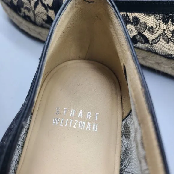 STUART WEITZMAN Meshuga Lace Mesh Espadrille Black Floral Flats Sz 8 Excellent