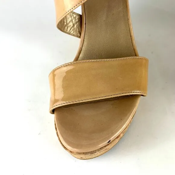 Stuart Weitzman Nude Patent Leather Cork Wedge Sandals - Elegant &amp; Versatile. 10
