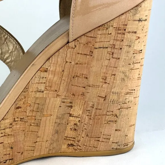 Stuart Weitzman Nude Patent Leather Cork Wedge Sandals - Elegant &amp; Versatile. 10
